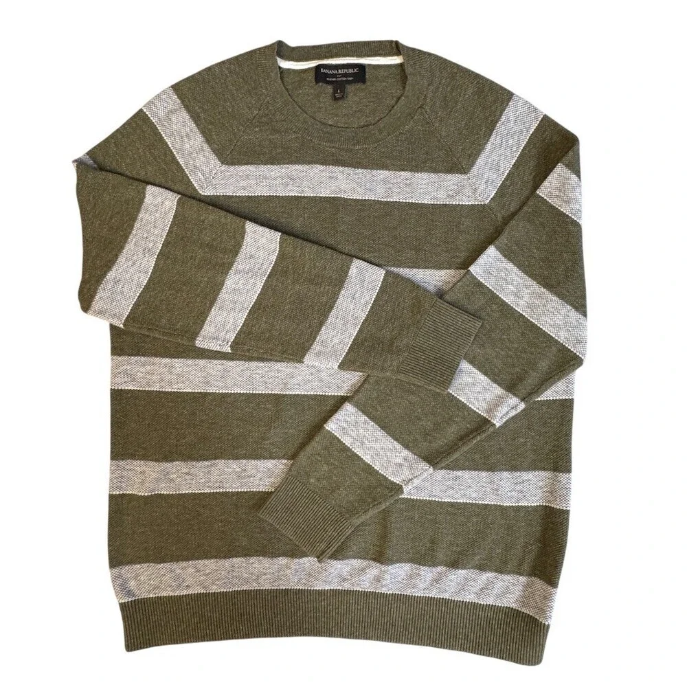 Banana Republic Cotton Sweater Mens Size L Olive Green Gray Striped Crewneck